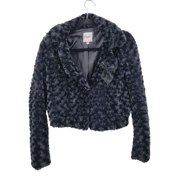 Candies XS Vegan Faux Fur Black Formal Cropped Jacket Bolero Evening Pockets - Picture 1 of 11